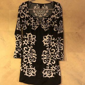 INC International Concepts Dress LG Jersey Knit Blk/Ivory “U”Shaped Empire Waist